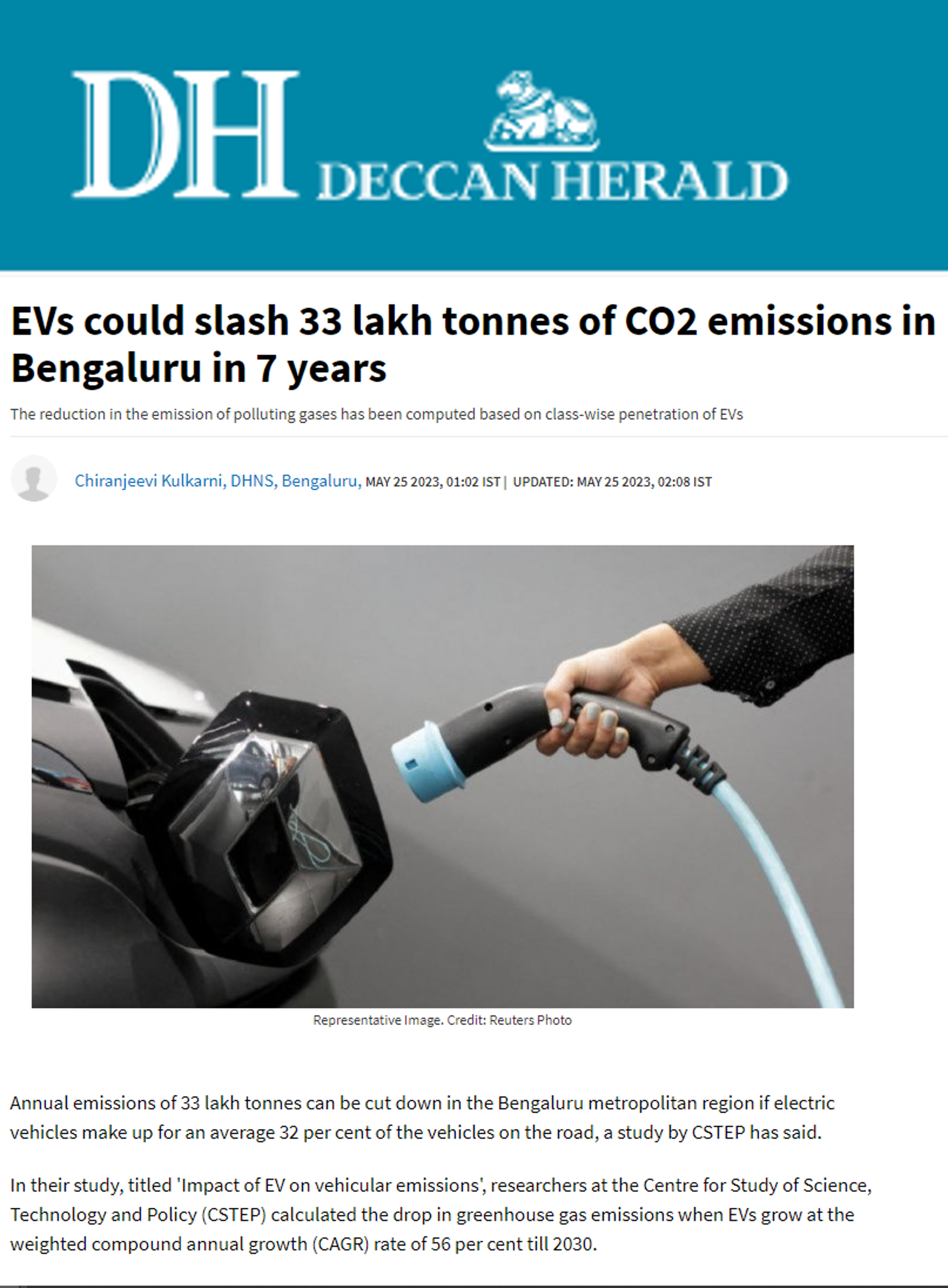 CSTEP’s study on the impact of electric vehicles on vehicular pollution covered by Deccan Herald